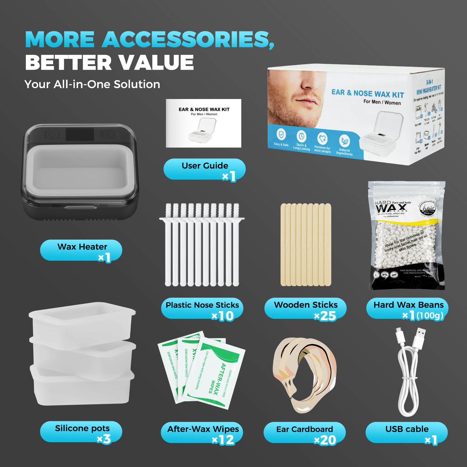 FullWoyi Nose Wax Kit Men,Nose Hair Waxing Kit with Adjustable LED Display,Ear Hair Removal Kit for Men Women 100 g Wax 70 Applicators,Constant Temp,USB Heated,Pocket-Size,Black
