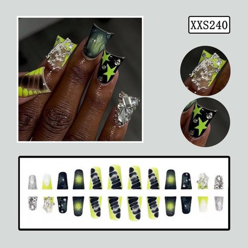 FIEONCIY Press on Duck Shaped Acrylic Medium French False Nails with Designs Artificial Fake Nails with Charms Glue ons Nails Stick on Fingernails for Women Girls (XXS240)