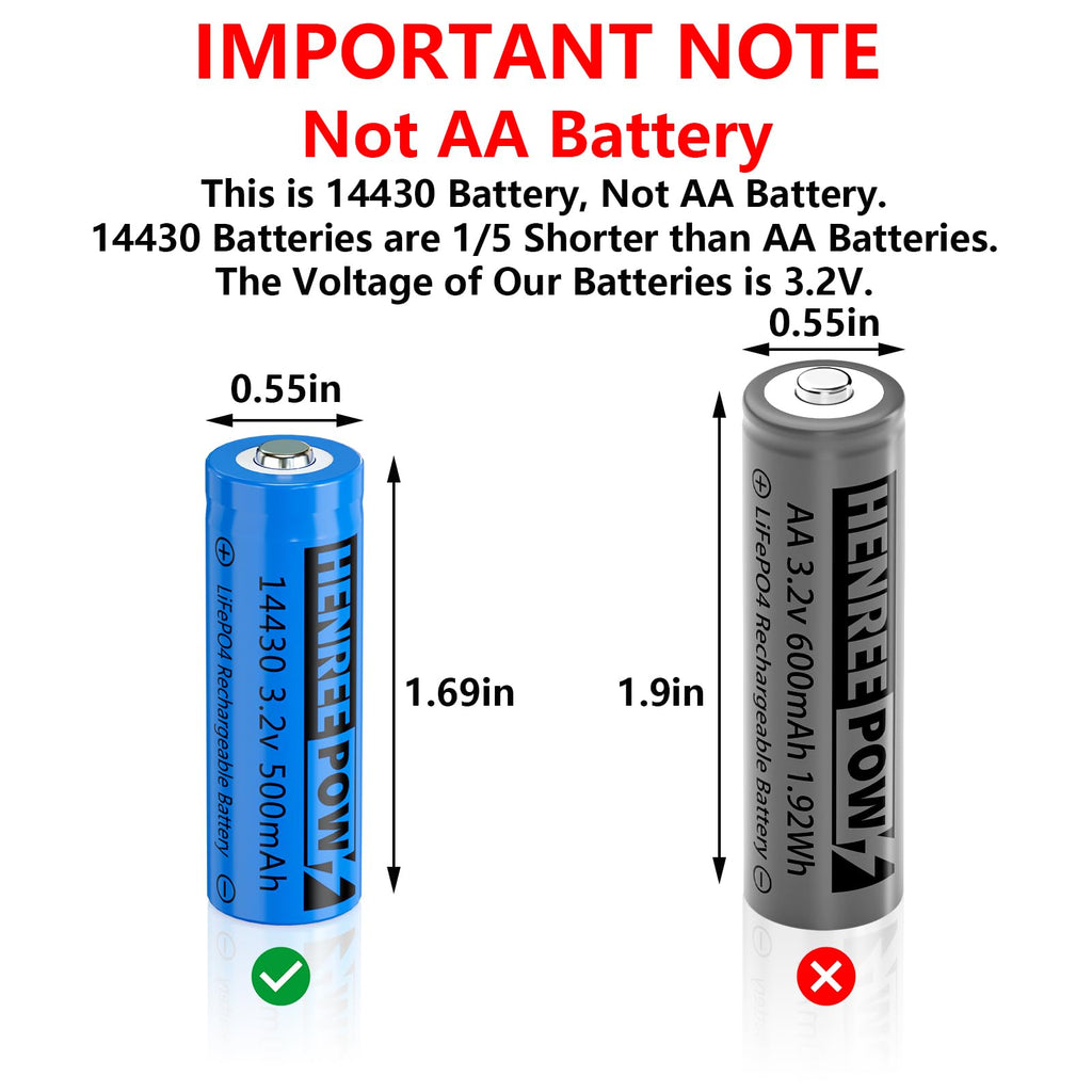 Henreepow 14430 LiFePo4 3.2v Rechargeable Solar Batteries, 500mAh LiFePO4 Battery for Outdoor Solar Garden Lights, Shaver, Flashlight (2pack-Not AA Size)
