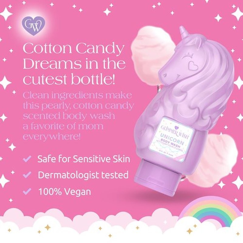 Glimmer Wish Unicorn Kids Body Wash, Gentle Cleanser and Moisturizing Sulfate Free Body Wash, Skin Care for Kids, Vanilla Cotton Candy, 12 Fl Oz
