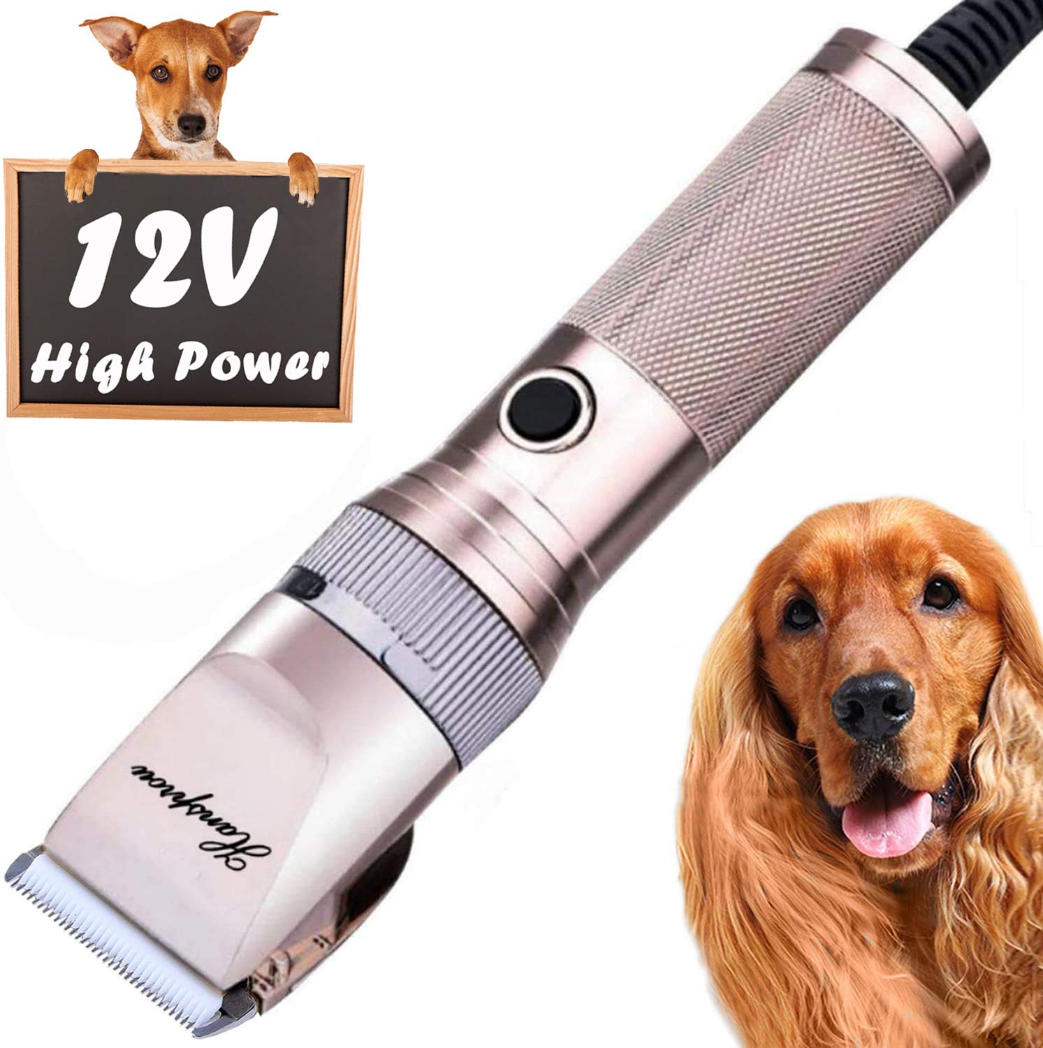 Hansprou Dog Clippers for Grooming, 12V Pet Hair Clipper, Professional Heavy Duty Pet Grooming Clipper Corded Dog Trimmer for Thick Coats with Guard Combs Brush for Dogs Cats
