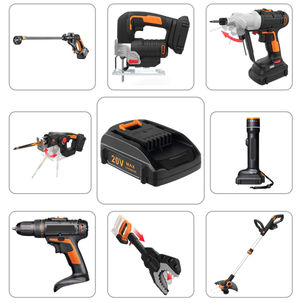 CELL9102 2Packs Replacement Battery 20V and Charger Starter Kit 3.0Ah Lithium Battery Compatible with Worx 20 Volt Cordless Power Tools