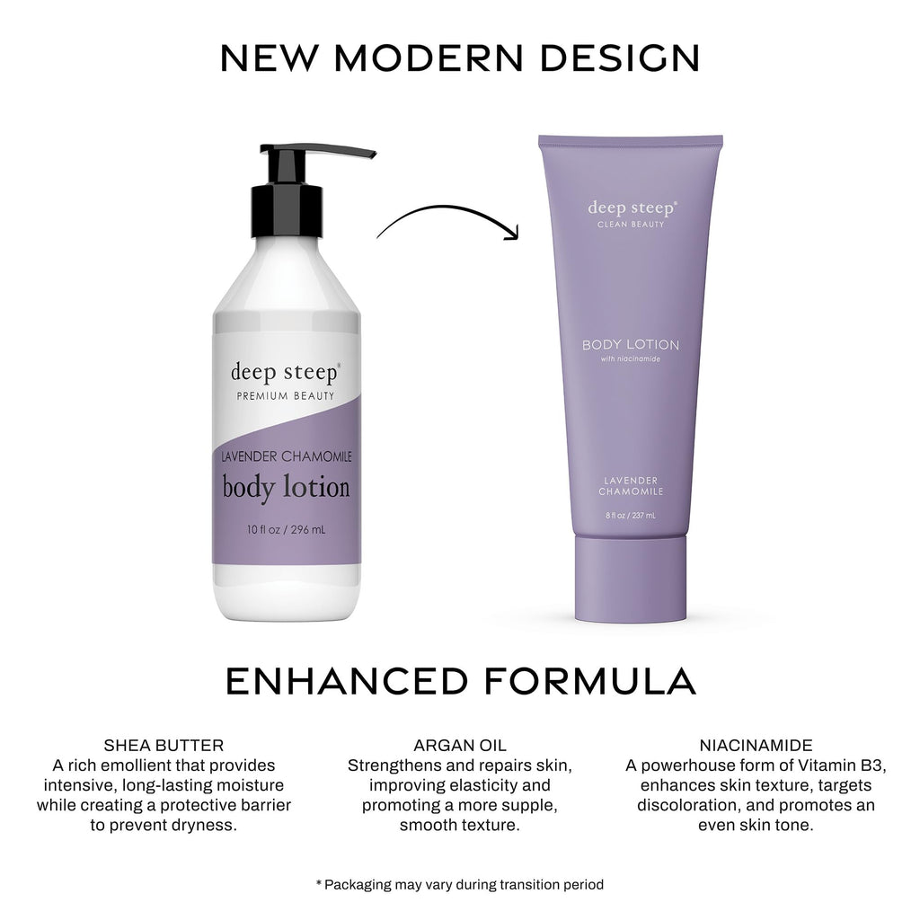 Deep Steep Body Lotion, Lavender Chamomile, 8 oz – Moisturizer with Coconut Oil, Shea Butter, Argan Oil, Aloe Vera & Niacinamide – Vegan, Clean Beauty, Daily Skin Hydration