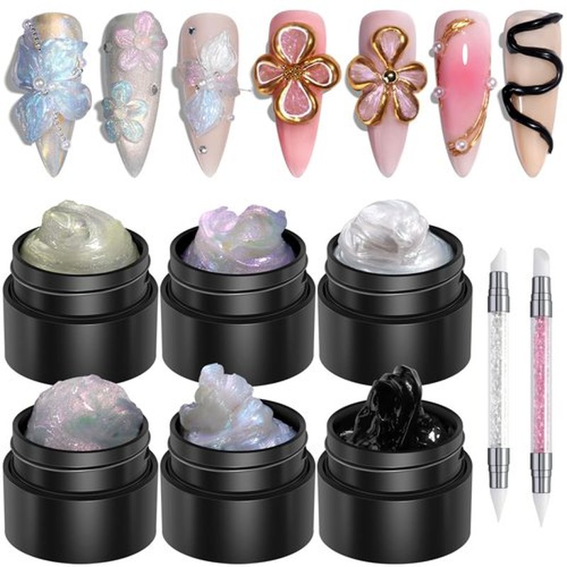 Fcozpjk Solid Builder Gel Kit, 6 Colors Non Sticky Hand Solid Builder Gels for Nails Aurora Blue Pink Pearl White Hard Gel With Silicone Carving Pen 3D Sculpting Nail Art Starter Kit