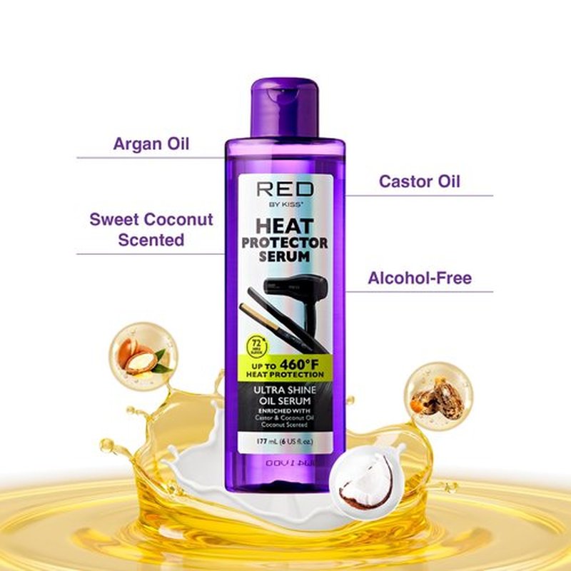 Red by Kiss Heat Protector Hair Styling Serum, Thermal Protection Ultra Shine Oil Serum, Protects Hair from Heat Damage, Anti Frizz Strengthening Hydrating (6 Fl Oz)
