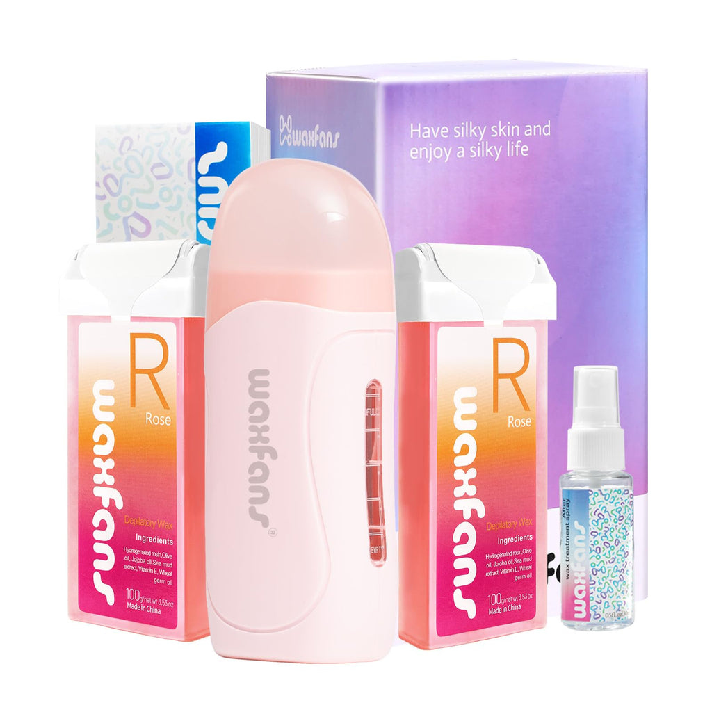 Waxfans Roll On Wax Kit, Wax Roller Kit, Waxing Kit for Women & Men,Cera Para Depilar for Home Hair Removal on Body and Legs, with 2 Wax Refills (Rose & Rose) & 50 Pcs Wax Strips, Easy & Painless