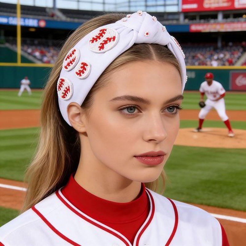 Sport Baseball Beaded White Headband for Women Teacher Beaded Baseball Charm Jeweled Embellished Hairband Fashion Elegant Ladies Wide Top Knot Headband for Game Day Jewelry Hair Accessories Gifts