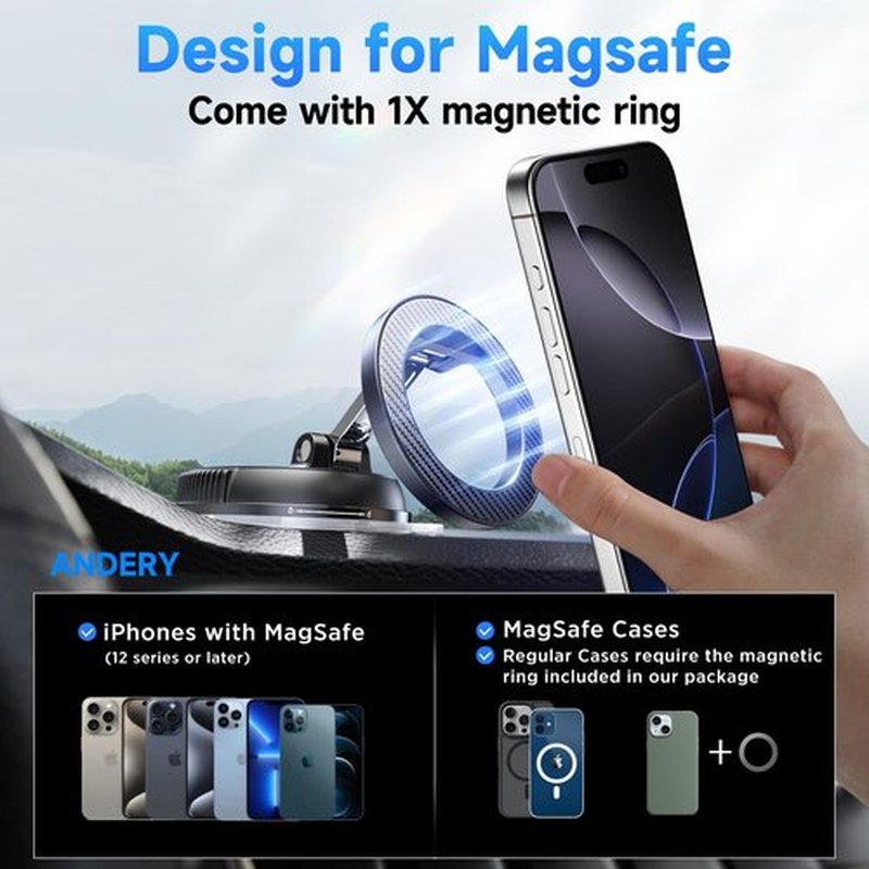 ANDERY Car Phone Holder - MagSafe Compatible | 78+LBS Suction & 2400gf Magnetic Grip | 360° Adjustable for iPhone 17 Pro Max & More