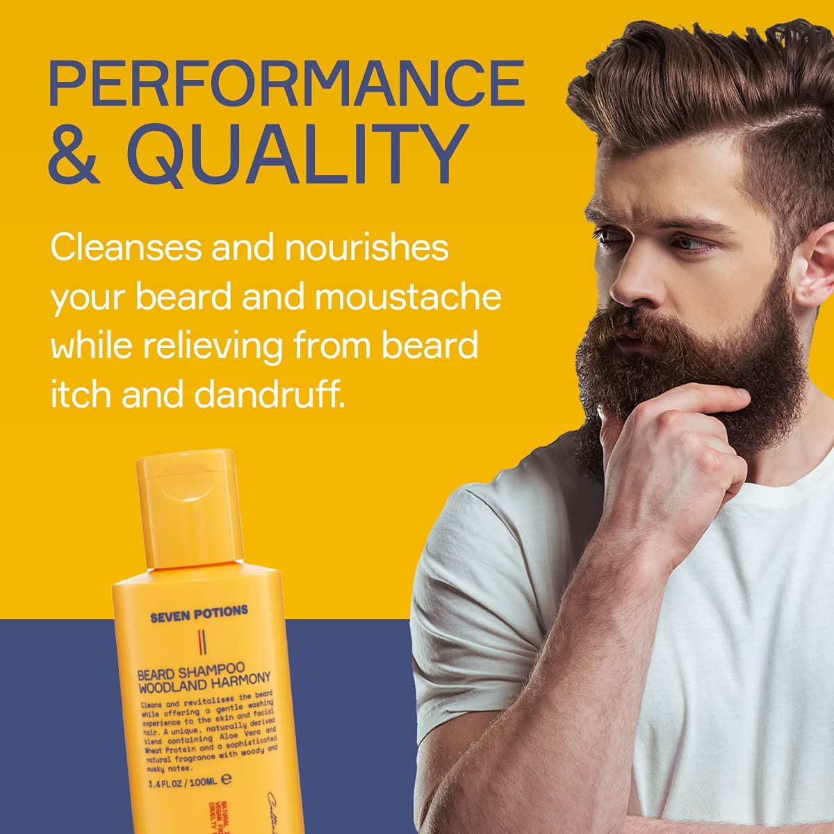 SEVEN POTIONS Beard Shampoo for Men — Gentle, Cleansing Wash for a Clean, Itch-Free Beard — Natural, Vegan, Cruelty-Free — (Woodland Harmony, 3.4 Fl Oz)