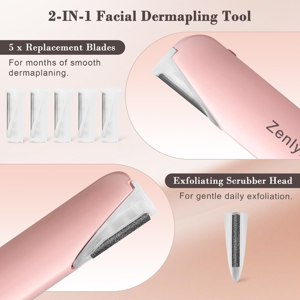 Zenlynk Vibration-Assisted Manual Dermaplane Razor for Women Face, Facial Exfoliator & Peach Fuzz Trimmer with 3 Vibration Modes, LED Light, 5 Replacement Blades & Exfoliating Scrubber, Pink