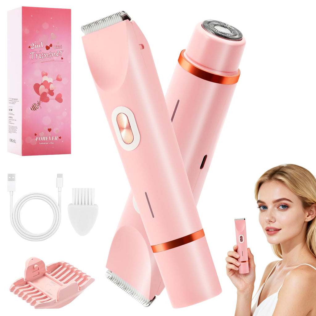 2-in-1 Women's Bikini Trimmer, Dual-Head Facial Shaver & Body Trimmer, IPX7 Waterproof Design Wet & Dry Use