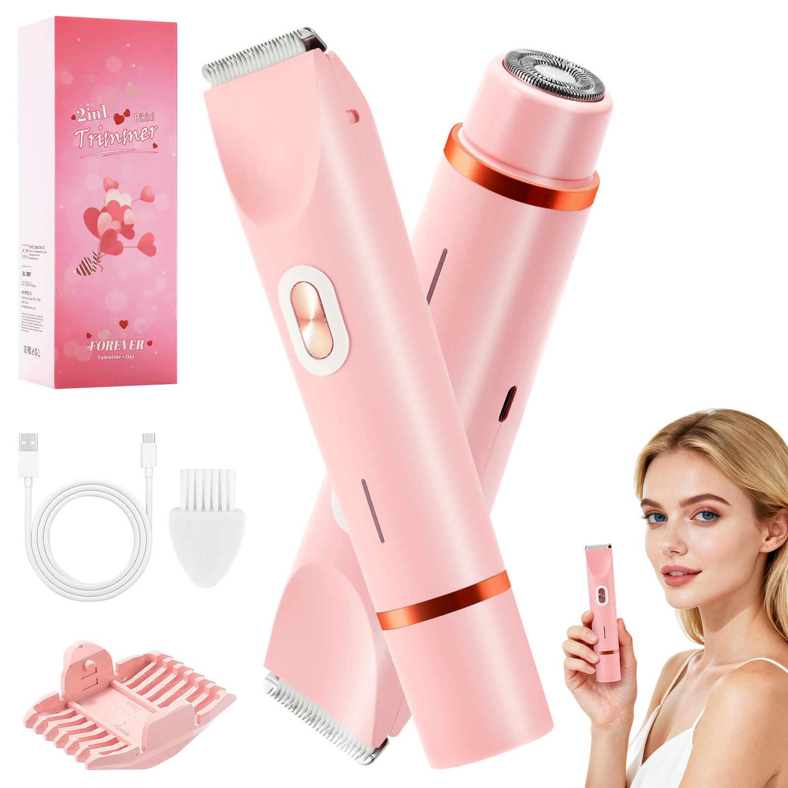 2-in-1 Women's Bikini Trimmer, Dual-Head Facial Shaver & Body Trimmer, IPX7 Waterproof Design Wet & Dry Use