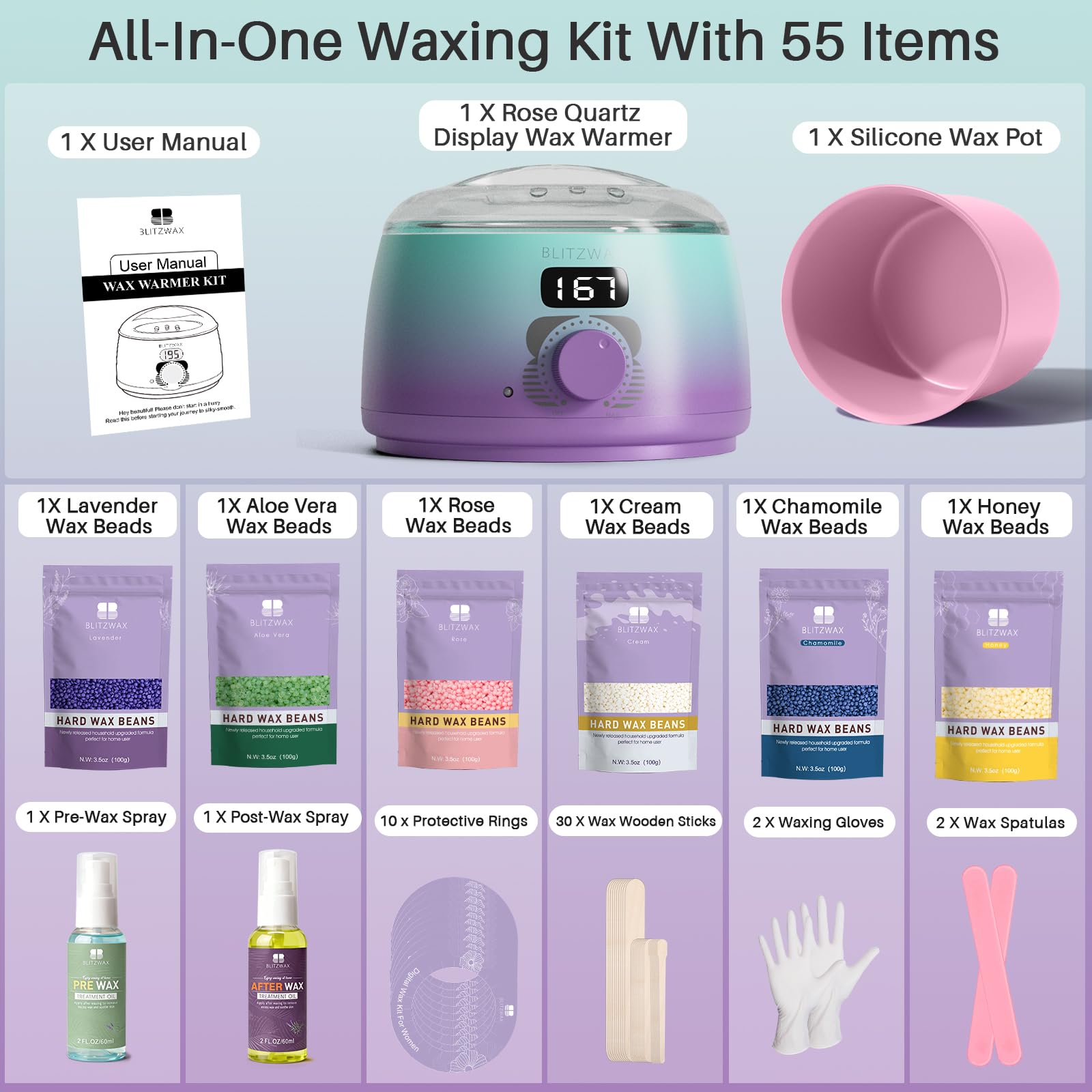 BLITZWAX Brazilian and Bikini Waxing Kit for Women, Hard Wax Warmer for Face, Legs, and Body, At Home Hair Removal Kit, Beginner Friendly, Quick Heating, 32pcs Wax Spatulas