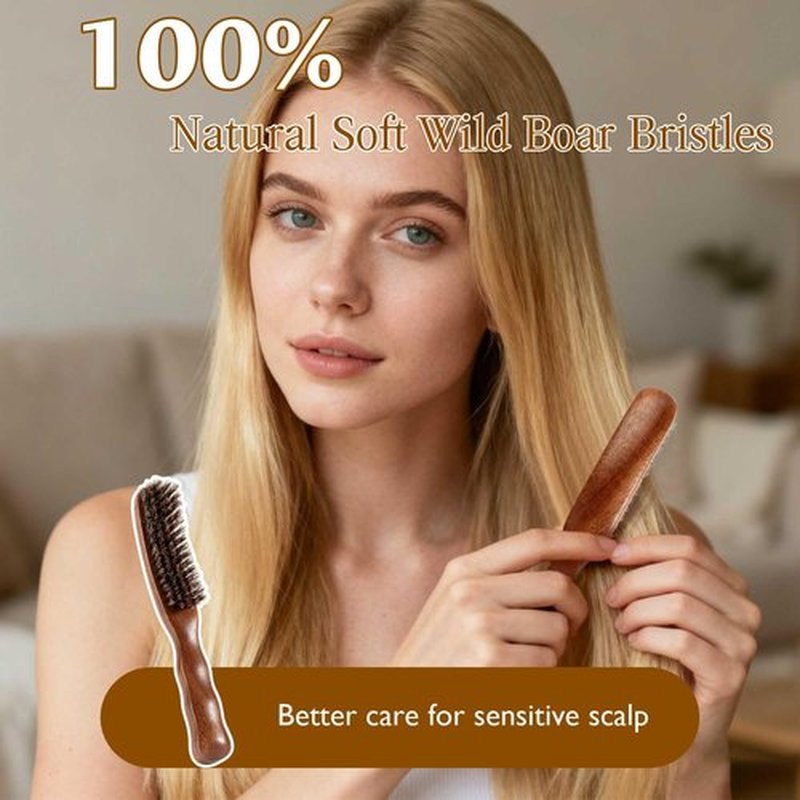STYLEMATE Boar Bristle Slick Back Hair Brush, Soft Bristle Hair Brush for Thin & Fine Hair, Smoothing Hairbrush for Women Men Kid, Lightweight Sapele Wooden Handle