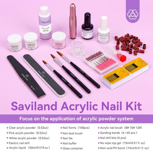 SAVILAND Acrylic Nail Kit with Drill for Beginners - 0.5oz Clear White Pink Acrylic Powder and Liquid Set Nail Brushes Professional Nails Kit Set Home DIY Extension Carving