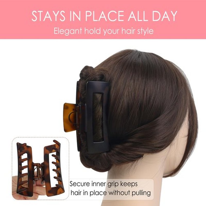 RosyReeds Claw Clip for Women, 4.3" Large 360° Grip Butterfly Spring Hair Clip, Matte Claw Clips 2 Pack - Strong Hold Rectangle Clips, Durable for Thick Hair, Black & Tortoise