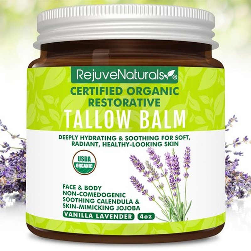 RejuveNaturals USDA Certified Organic Beef Tallow Balm, Large 4oz Glass Jar – Grass Fed & Finished Tallow with Beeswax & Jojoba Oil – Solid, Non-Comedogenic (Vanilla Lavender)
