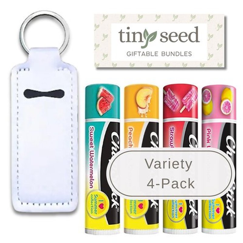 TINY SEED Gift Set: Variety 4-Pack Lip Balm: Strawberry Ice Pop, Pink Lemonade, Peaches & Cream, Sweet Watermelon. Limited Edition I Love Summer Collection. Includes Lip Balm Holder Keychain (White)
