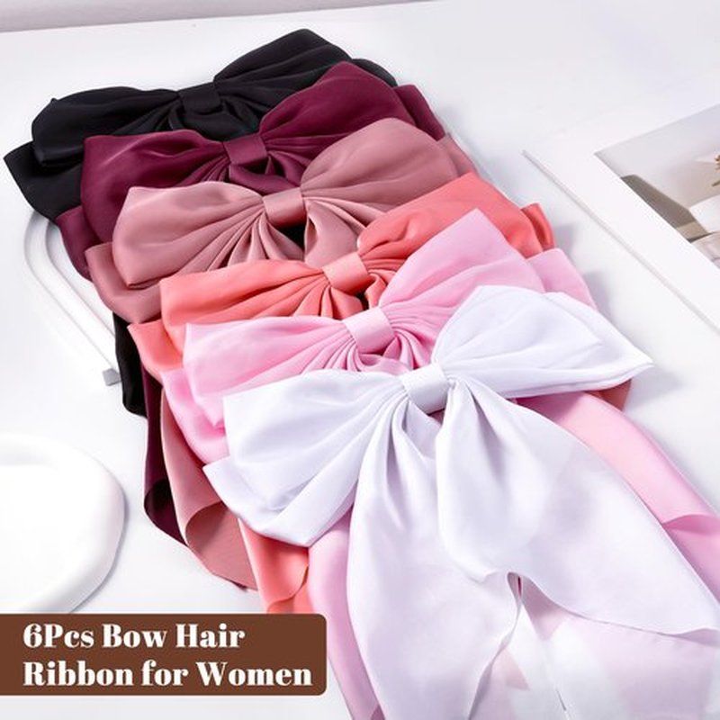 hisial 6Pcs Large Bows Hair Clips for Women Girls Long Tail Hair Ribbon Silky Satin Barrettes Coquette Bows Accessories (Black/Pink/Red/White)