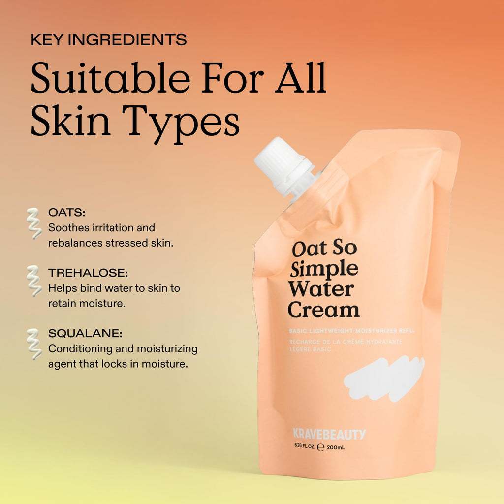 KraveBeauty Oat So Simple Water Cream Moisturizer, Calming, Lightweight Hydrating Gel Face Cream for Sensitive Skin with Oat Extract & Squalane, Fragrance Free, Refill Pouch, 200 mL