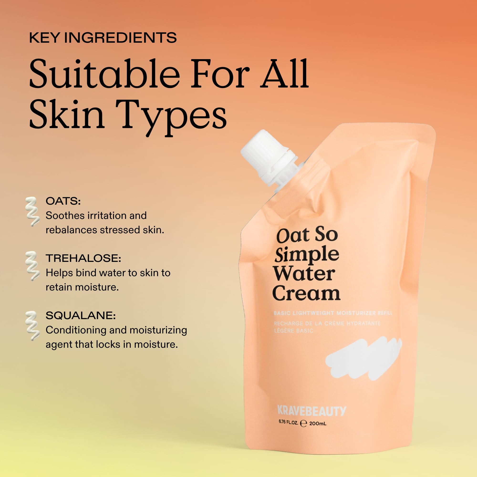 KraveBeauty Oat So Simple Water Cream Moisturizer, Calming, Lightweight Hydrating Gel Face Cream for Sensitive Skin with Oat Extract & Squalane, Fragrance Free, Refill Pouch, 200 mL