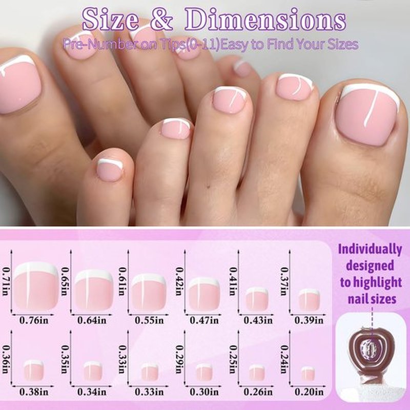 LoveOurHome 168pc French Tips Press on Toenails Women Fake Toe Nail with Glue Tab, Light Pink Acrylic Toe Nails Press ons Pedicure French Glue on Toenail Press-ons Nail Toes Tips False Nails for Feet