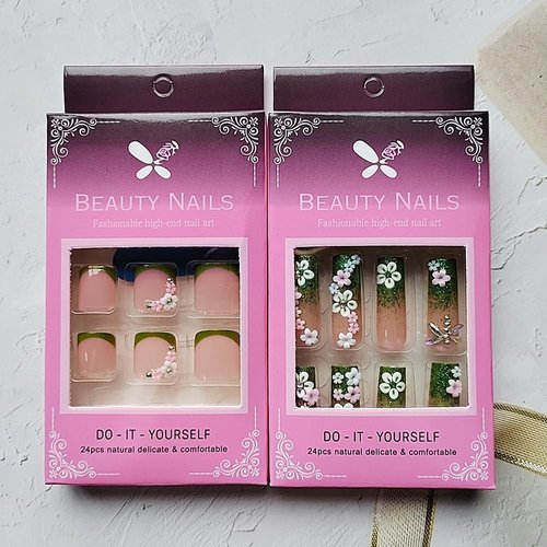 48 Pcs Pink Press on Nails Long Square & Press on Toenails Set - YEFIUO Green French Fake Nails Press ons Nail Art Tips Glue on Nails Full Cover Acrylic Nail Kit False Toe Nails with 3D Flowers Design