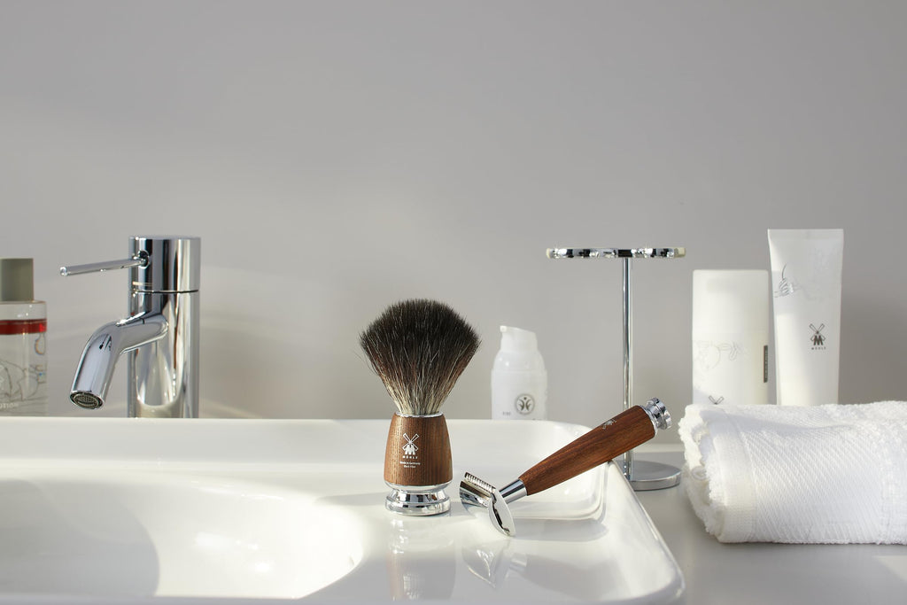 MÜHLE Rytmo Shaving Set 8 Pieces - Brush, Slicer and Stand Chrome-Plated Base, Blade, Soap, Cloth, After Shave - Elegant Ash