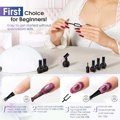 ROSALIND Cat Eye Gel Nail Polish Set with Magnet, 8 Colors Glitter Holographic Sliver Nude Red Purple Blue Green Magnetic Effect Soak Off U V Gel Polish Nail art Gifts for Women