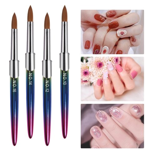 Kolinsky Professional Acrylic Brush Set - 4PCS for Nail Application, Size 10/12/14/16 Powder Brushes for Extension & 3D Carving