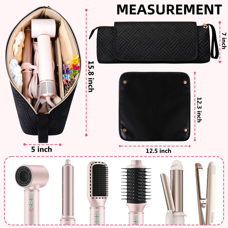 Veirdro Hair Tools Travel Bag with Heat Resistant Mat, Portable Hair Tool Organizer Travel Carrying Case for Straightener, Flat Iron, Curling Iron, Hair Dryer& Hair Styling Accessories Women (Black)