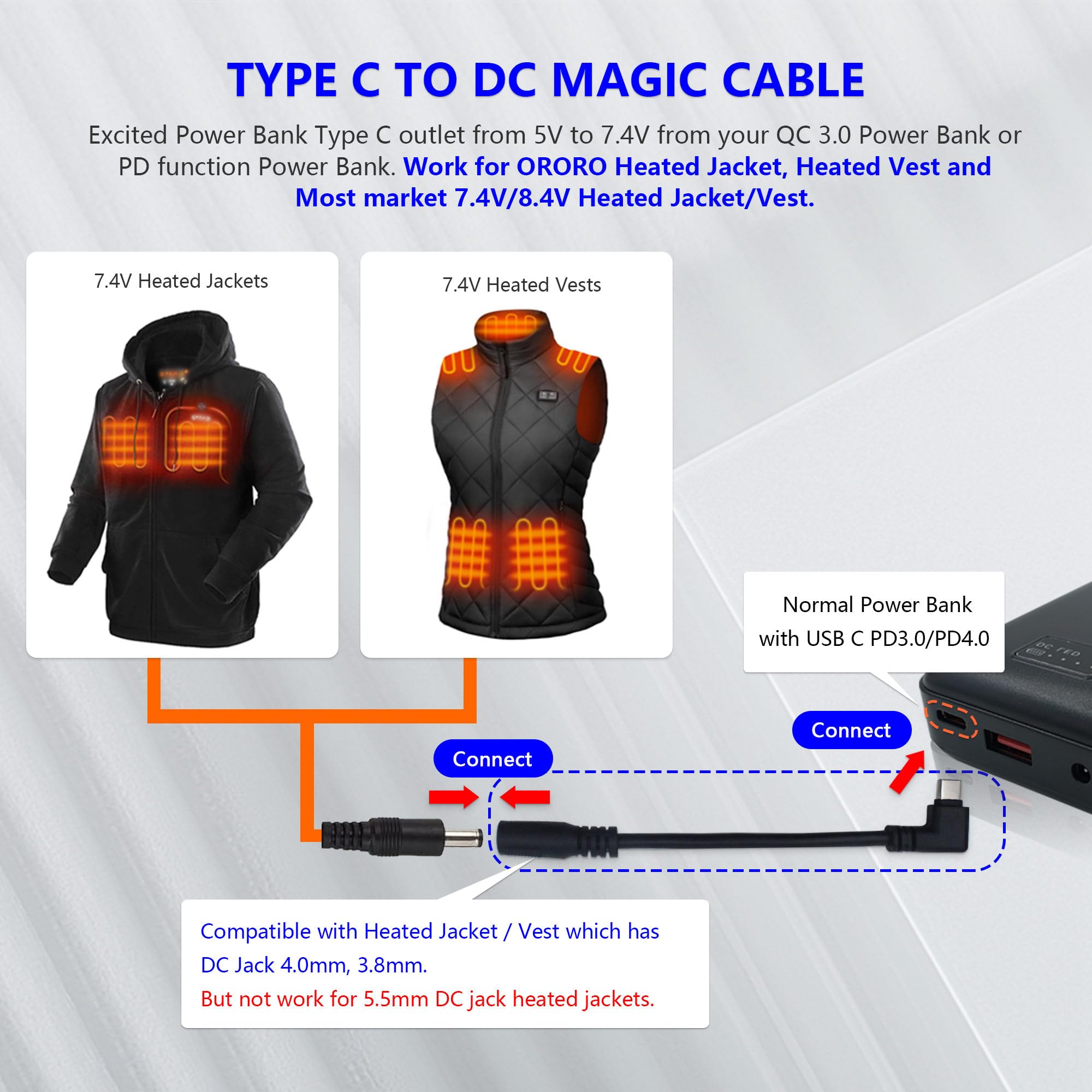 Wamlet 7.4V/9V Heated Jacket & Vest Battery Step-up Adapter Charger for ORORO,Venustas,WASOTO,Topdot,Gobi Heat Heated Jackets and Vests(Black)