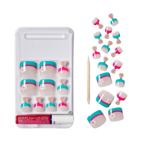 GoldFinger 24 Pcs Press On Toenails, Wide Fit Fake Nails, French Tip Gel Stick On Extensions, Reusable DIY Pedicure False Nail Kit with Glue, Cuticle Stick & File, 7 Day Long Lasting Wear