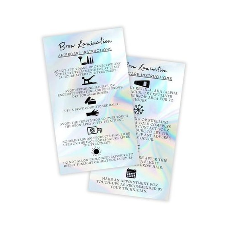 Brow Lamination Aftercare Cards | 50 Pack | 2x3.5” inches Business Card Size | Starter Lift Kit At Home DIY Brow Lift and Tint | Snatched Brows Non Reflect Matte Rainbow Holographic Look Design