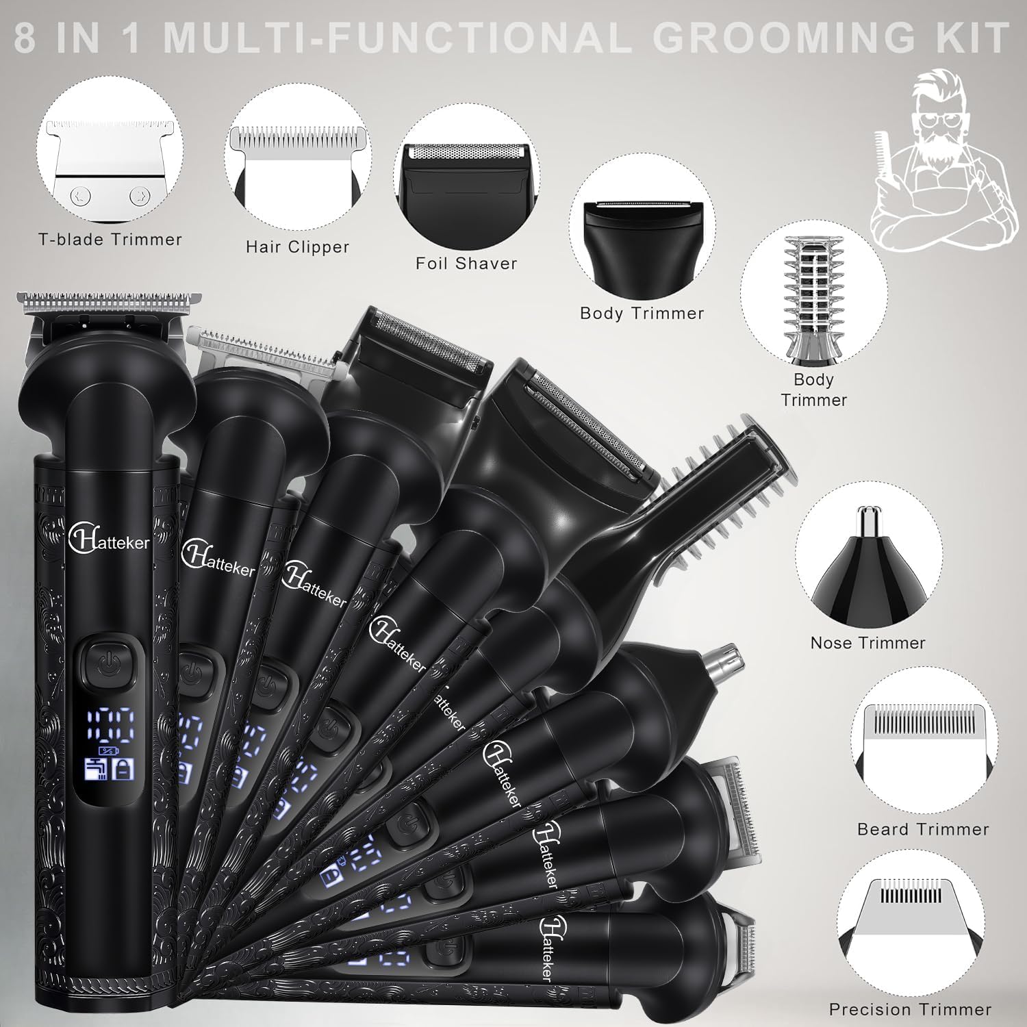 Hatteker 8-in-1 Mens Grooming Kit - Zero-Gap T-Blade Trimmer, IPX7 Waterproof Cordless Set with Hair Clipper/Beard Trimmer/Nose Trimmer, USB Rechargeable (1.5H Charge 180M Use) for Home & Travel
