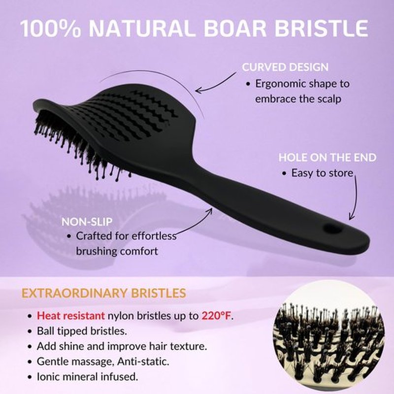 Inatekpro Curved Vented for Blow Drying - Boar Bristle Brush (Medium) with Comfortable Handle - Soft Bristle Brush for Thick and Fine Hair - Natural Boar Bristles for Women, Men & Kids - Grey