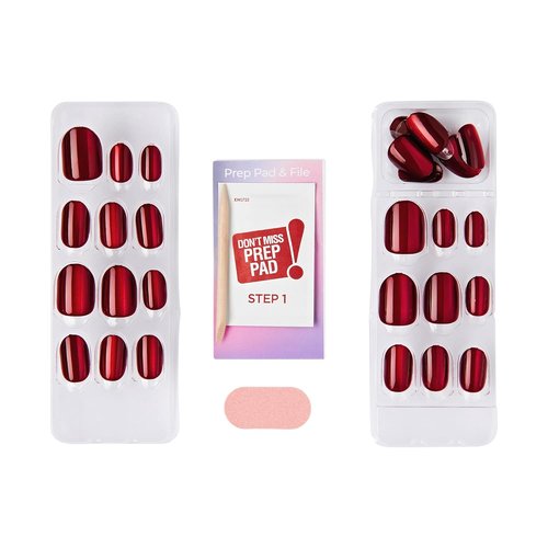 Kiss Impress No Glue Mani Press On Nails - ColorFX 'Hidden Gem' Red Oval Shape, Short Size, 30 Nails Included