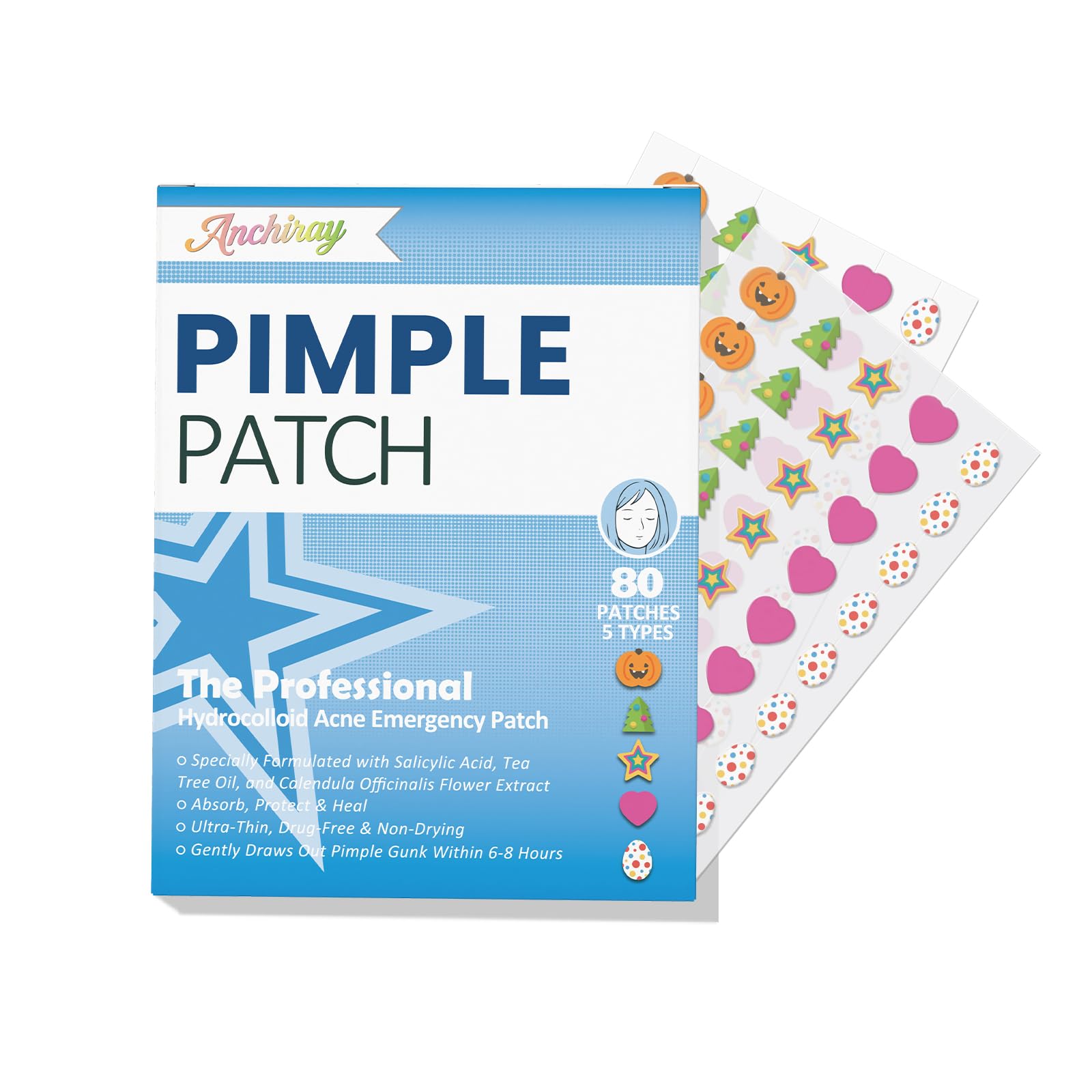 Anchiray Festival Theme Acne Patches, Acne Treatment for Face, Hydrocolloid Pimple Patches for Big Holidays, Easter, Halloween, Thanksgiving, Christmas, Heart and Star, All Skin Types, 80 Counts