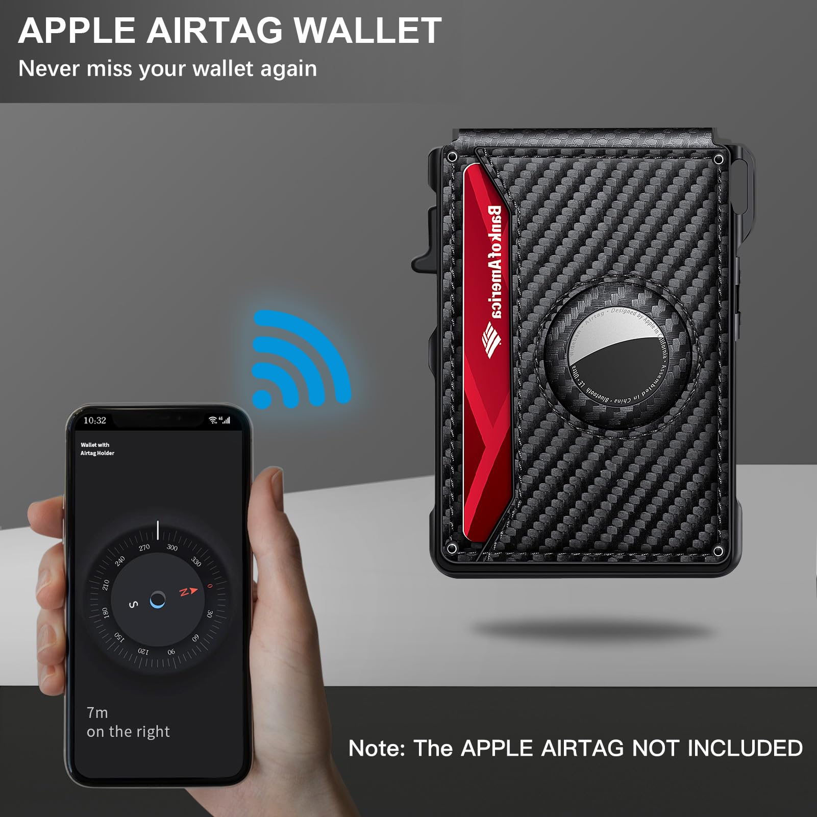 Airtag Wallet for Men, Mens Smart Wallet for Air Tag RFID Blocking, Minimalist Bifold Pop Up Aluminum Credit Card Case Holder 12+ Cards with ID Window, Gift for Men, No Airtag Included, Carbon Fiber