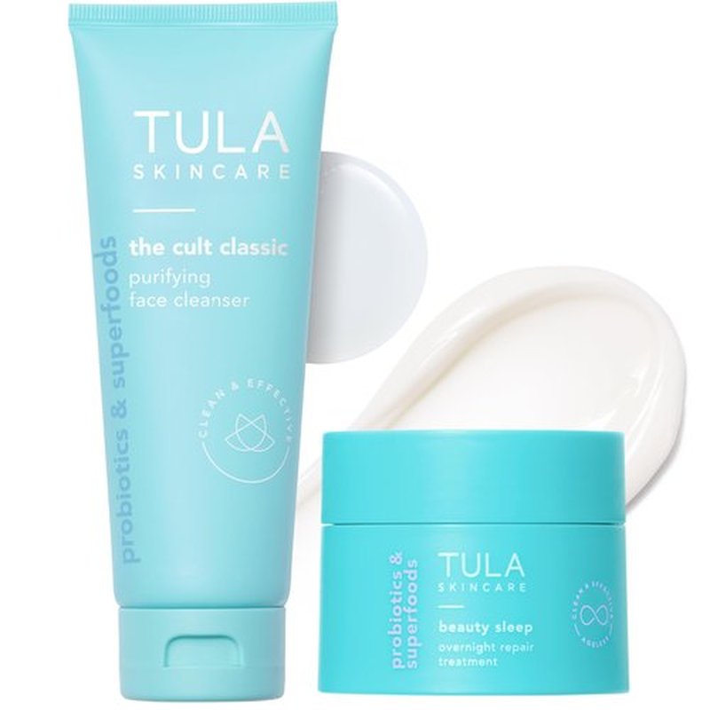 TULA Skin Care Nighttime Duo - Cleansing & Hydrating Travel Size, includes The Cult Classic Purifying Face Cleanser & Mini Beauty Sleep Overnight Repair Treatment, 2-Piece Kit