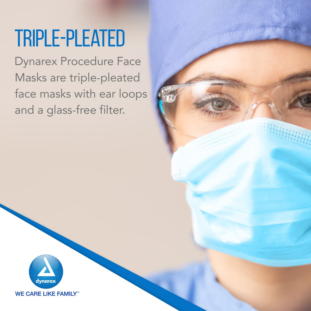 Dynarex Procedure Masks - Triple-Pleated Face Masks with Ear Loops & Nose Strip - Disposable Medical Mask, Face Protection for Hospital - 50 per Box– Blue
