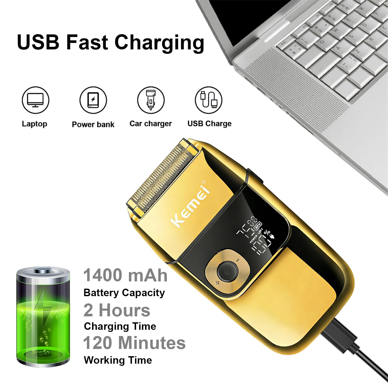 KEMEI Electric Razors for Men, LCD Display Cordless Men's Razors, USB Rechargeable with Pop-up Beard Trimmer Best Worldwide Travel Gift, Model KM 2028, Gold