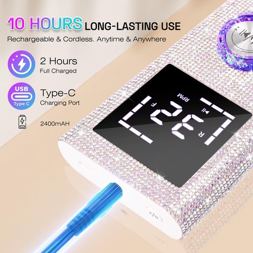 Electric Nail Drill File Machine: Professional 45000RPM Cordless Nail Tool with Stepless Speed Knob for Acrylic Gel Dip Powder Nails, Portable Manicure Pedicure Kit for Home Salon Use