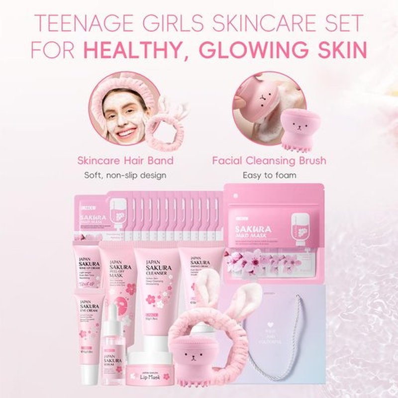 LAIKOU Sakura Skincare Set for Teen Girls, Complete 34PCS Face Care Kit, Christmas Pamper Gift Set for Women & Teenage Girls, Hydrating & Nourishing Travel-Friendly Daily Facial Skincare Routine