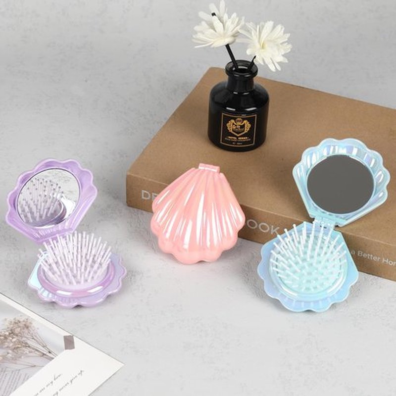 Maji Mama Metallic Shinning Finish Foldable Travel Hair Brushes with Mirror Shell Shape Portable Folding Pocket Hairbrush Mini Hair Comb Purse Compact Size Hair Massager (Blue)