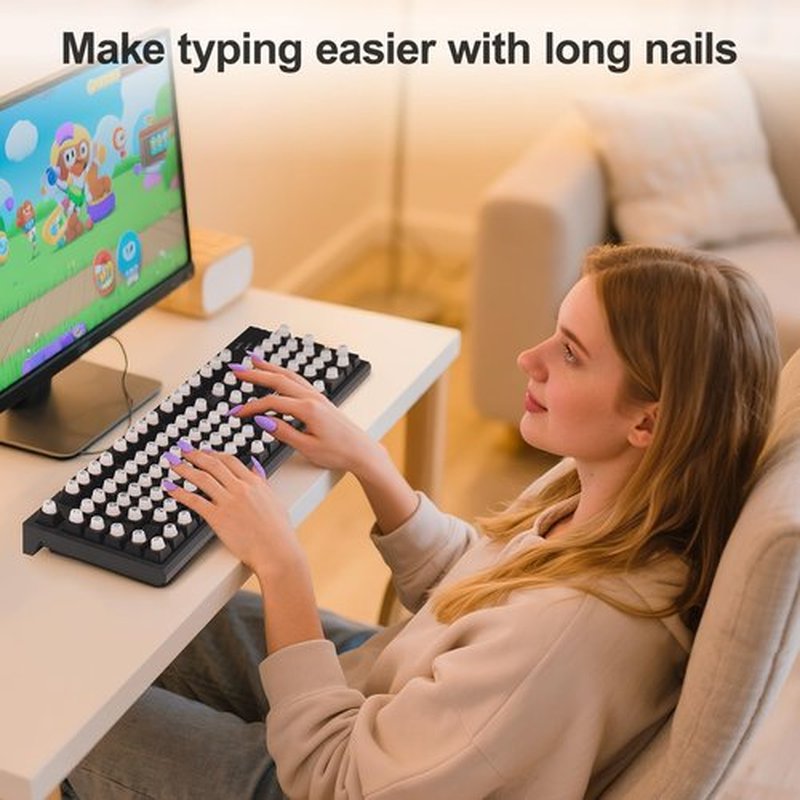 128Pcs Raised Keyboard Stickers for Long Nails with Letters, Soft Silicone Keyboard Bubbles for Women, Nail Art Typing Keycaps for Desktops (White, 128pcs)