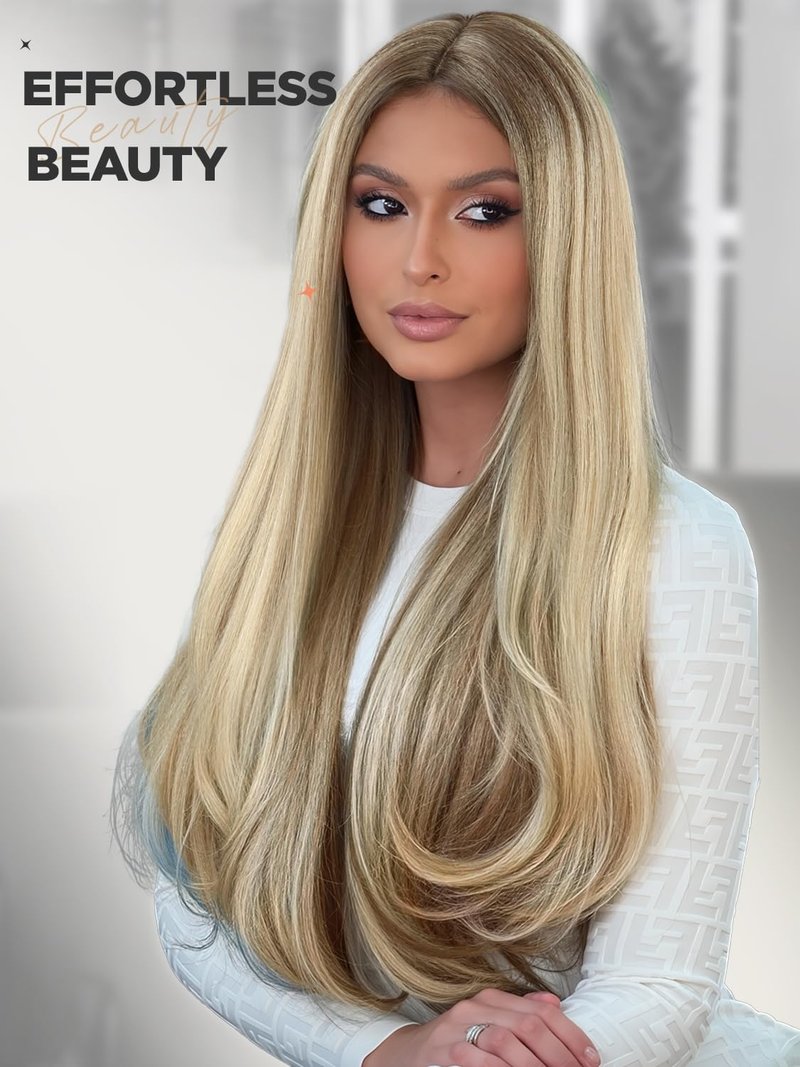 WIGRE Long Straight Wig 26 Inches Middle Part Mix Blonde Wigs for Women Daily Use Ombre Brown Highlight Honey Blonde Wig Synthetic Heat Resistant Hair for Valentine's Day/Music Festival/Carnival