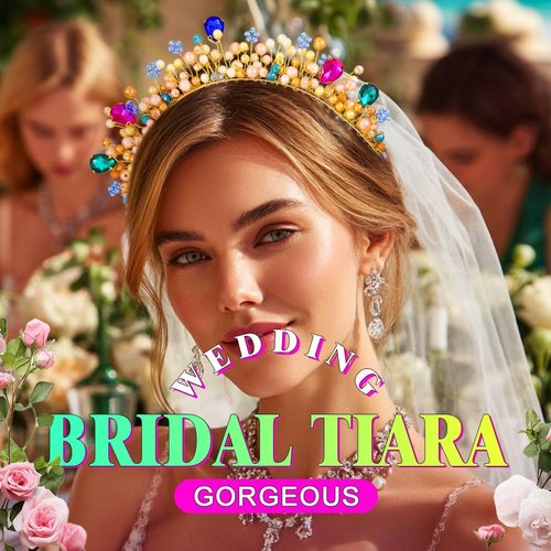 Kesvb Rhinestone Headband Colourful Pearl Crown Headpiece Flower Wedding Bridal Jewelry Hair Accessories for Women