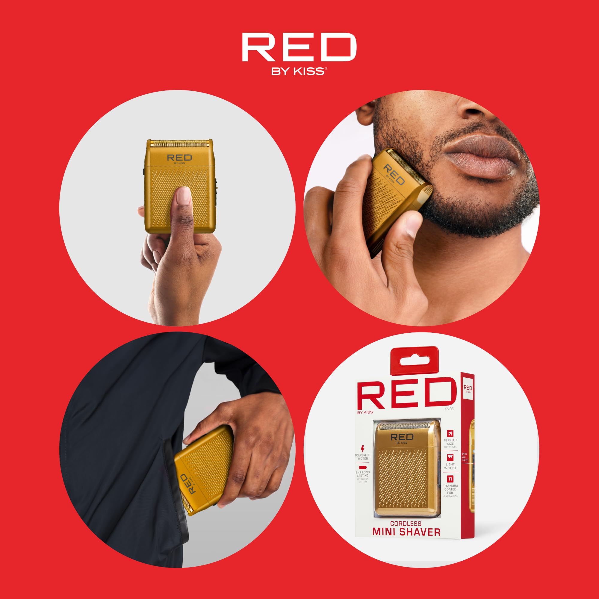 RED by Kiss Cordless Mini Shaver for Men, Compact High-Precision, Quick USB-C Charging, Non-Slip Grip, Long-Lasting Battery, Travel-Friendly Design, Powerful Motor for Efficient Shaving (Gold)
