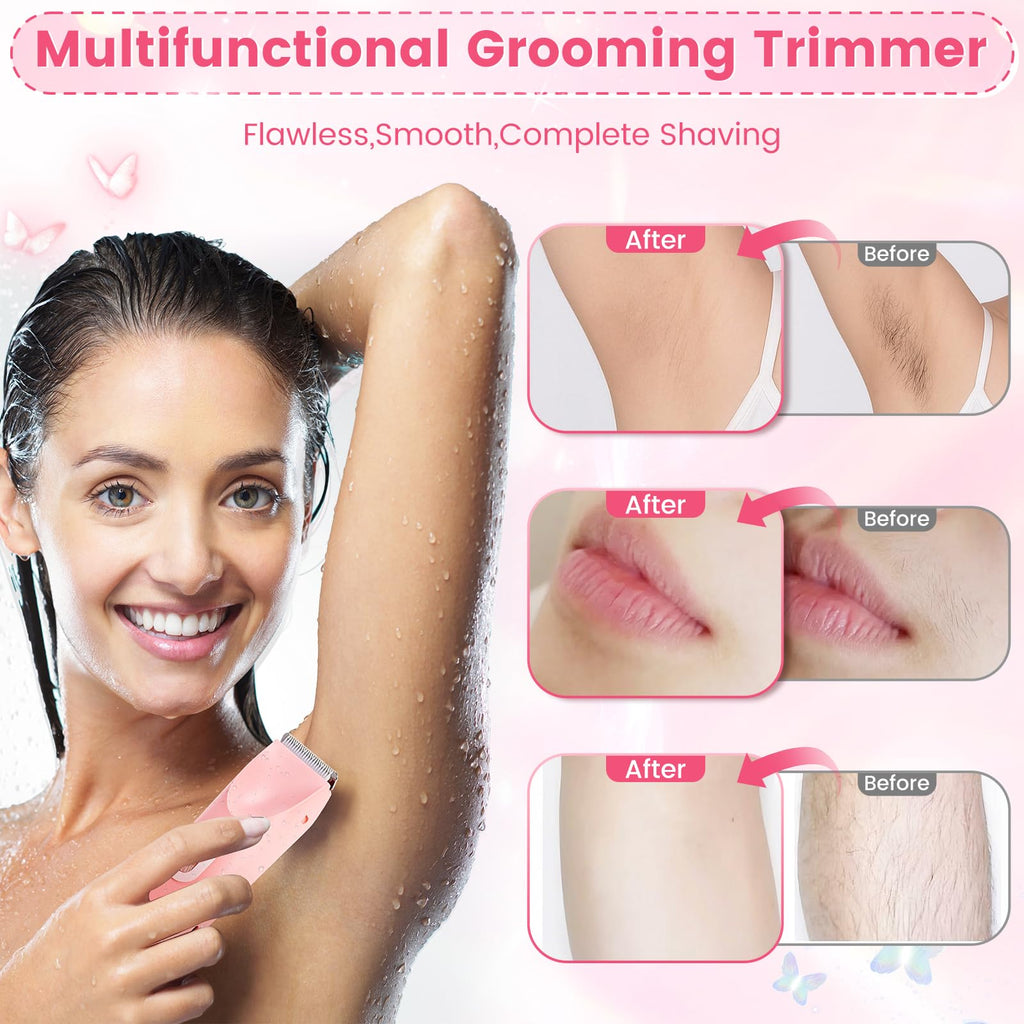 2 in 1 Bikini Trimmer for Women, Dual Head Electric Shaver, IPX7 Waterproof Wet & Dry Ceramic Blade Razors for Pubic Hair, Bikini Line, Legs, Underarms, Face, USB-C Rechargeable, Self-Care Gift, Pink
